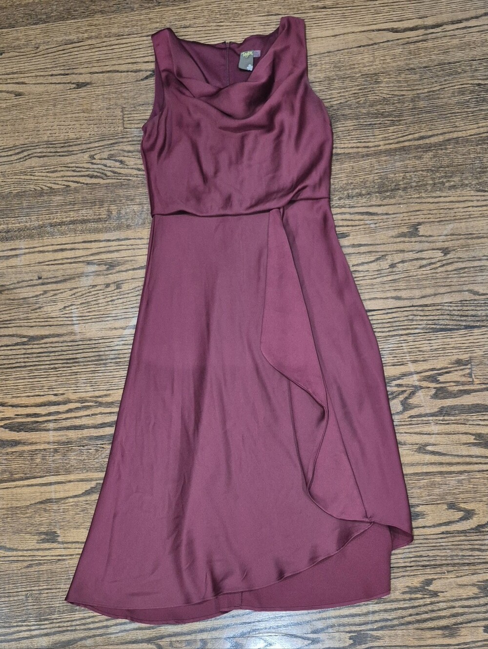 Taylor Burgundy Satin Cowl Neck Ruffle Midi Dress Size 10